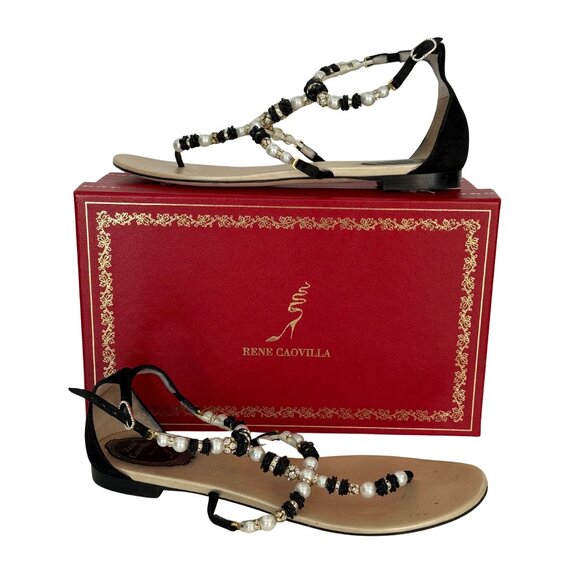 $985 Rene Caovilla t-strap pearl/beaded sandals size 9.5 / 39.5 - Picture 1 of 8